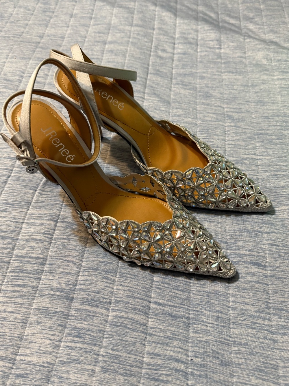 J. Renee Kamilo Gray Satin Rhinestone Slingback Heels Size 10M Formal Wedding